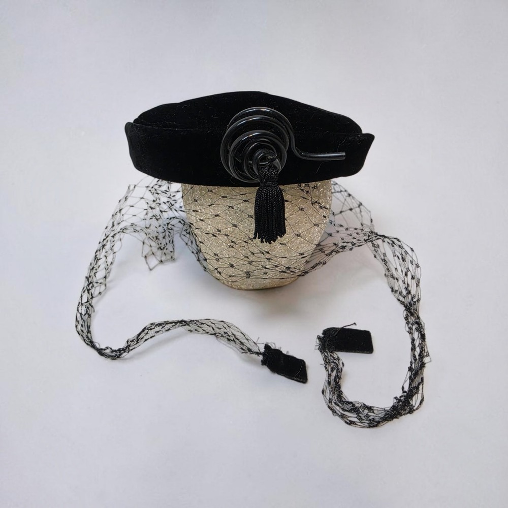 Vintage Black Velvet Pillbox Hat with Birdcage Veil Tassel and Pearl Pin